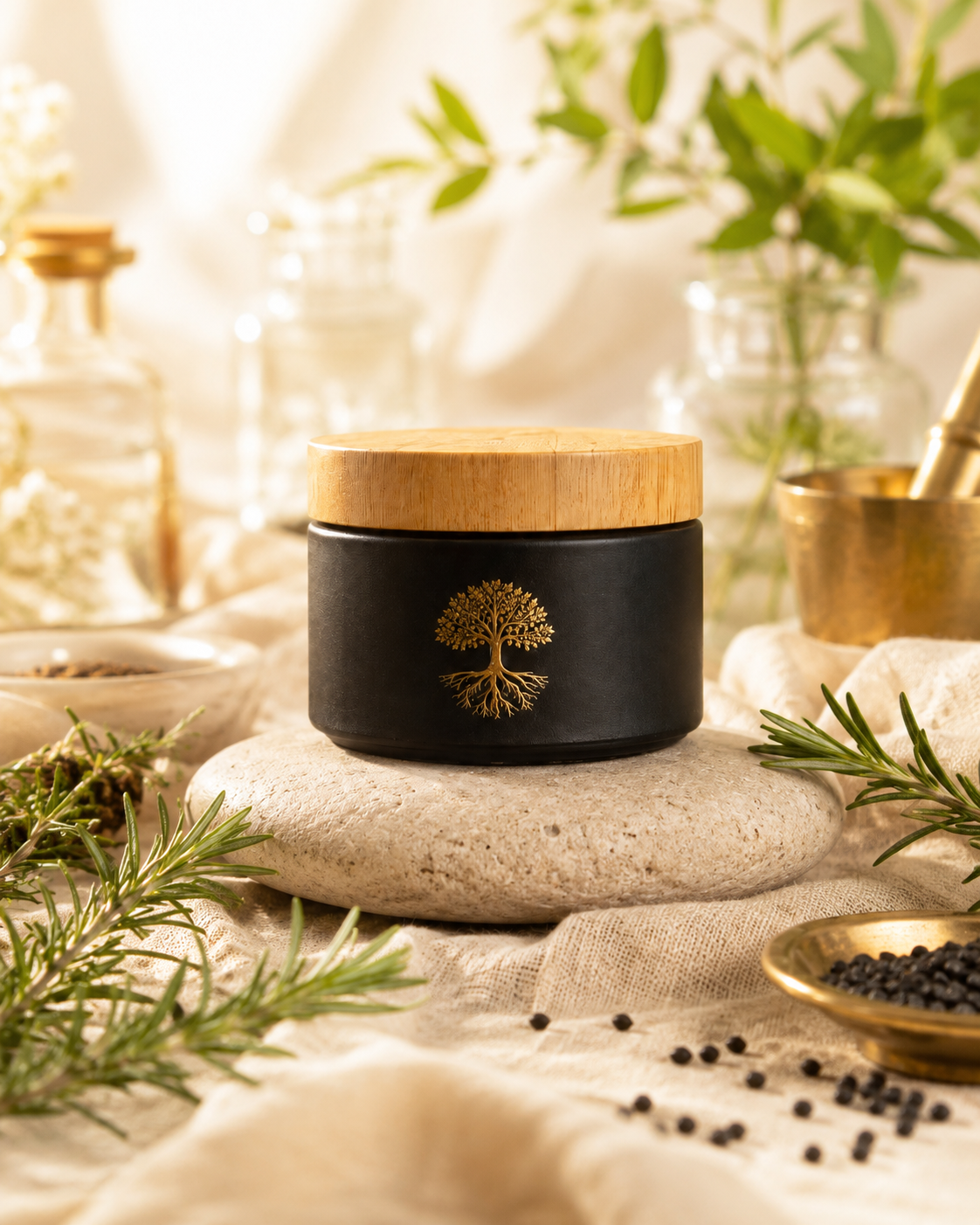 SHRSH Root M.U.D. — matte black jar in bright botanical apothecary setting