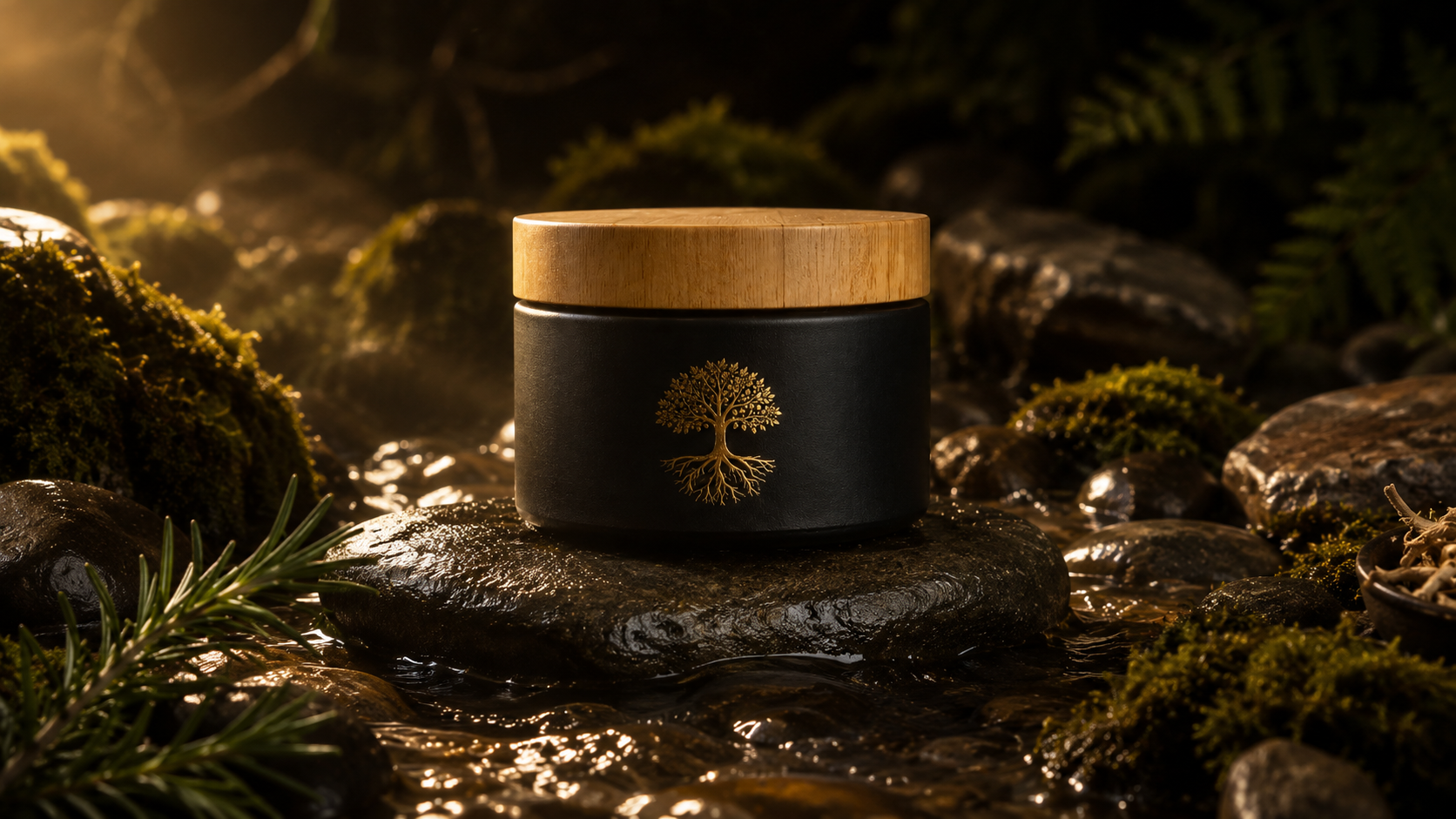 SHRSH Root M.U.D. matte black jar with raw bamboo lid